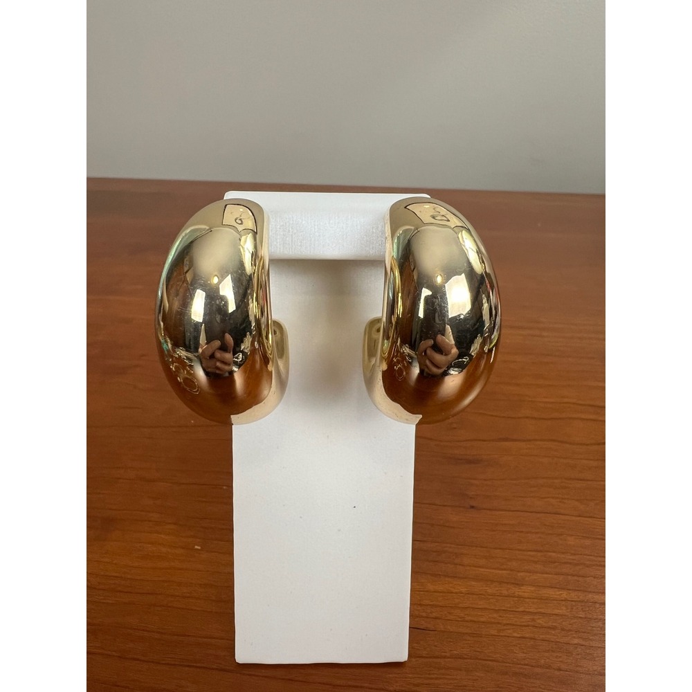 Chunky Gold Tone Crescent Hoop Earrings Bold Statement High Polish Post Backs